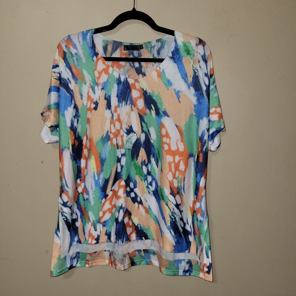 Women's M Colorful Postage Stamp Artsy V-Neck T-Shirt Made‎ in Italy